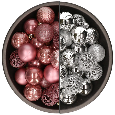74x stuks kunststof kerstballen mix van velvet roze en zilver 6 cm