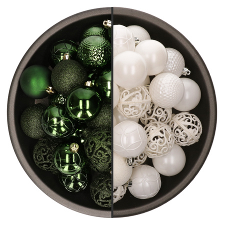 74x pcs plastic christmas baubles mix of white and dark green 6 cm