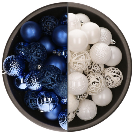74x pcs plastic christmas baubles mix of white and royal blue 6 cm