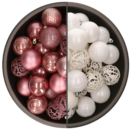 74x pcs plastic christmas baubles mix of white and velvet pink 6 cm