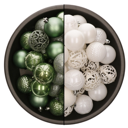74x pcs plastic christmas baubles mix of white and sage green 6 cm