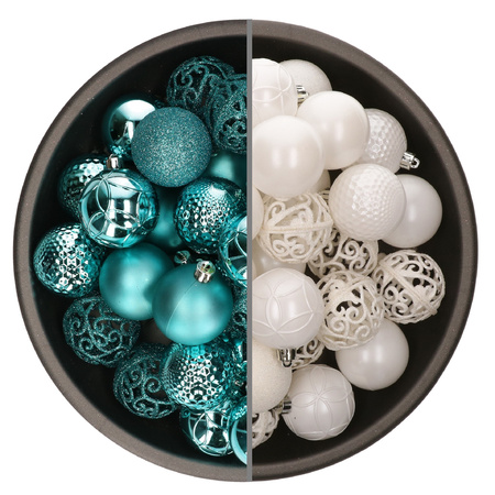74x pcs plastic christmas baubles mix of white and turquoise blue 6 cm