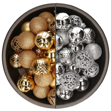 74x stuks kunststof kerstballen mix van zilver en goud 6 cm