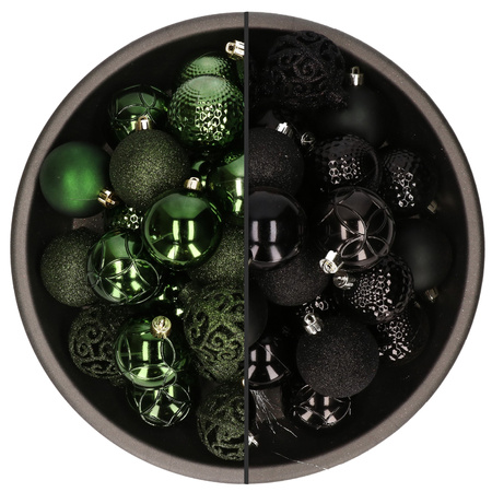74x pcs plastic christmas baubles mix of black and dark green 6 cm