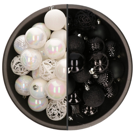 74x pcs plastic christmas baubles mix of black and white pearl 6 cm