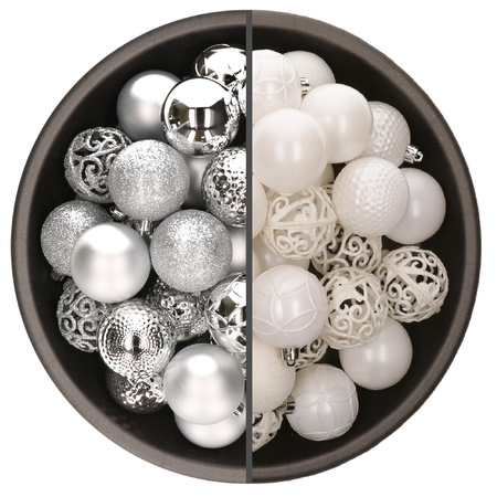 74x pcs plastic christmas baubles silver and white 6 cm