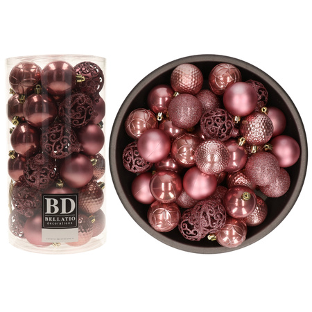 74x pcs plastic christmas baubles velvet old pink 6 cm shiny/matte/glitter mix