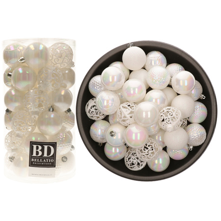 74x pcs plastic christmas baubles pearl white 6 cm shiny/matte/glitter mix