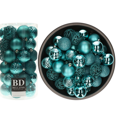 74x stuks kunststof kerstballen turquoise blauw 6 cm glans/mat/glitter mix