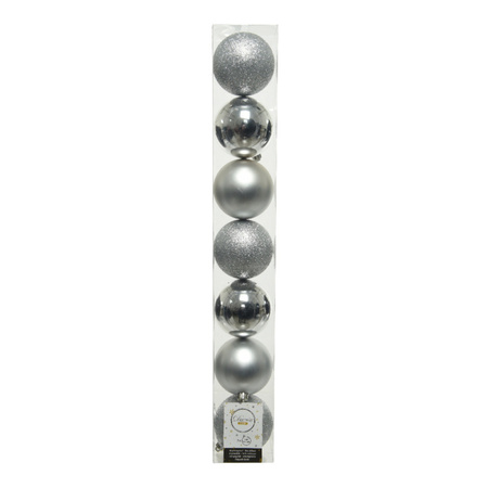7x stuks kunststof kerstballen zilver 8 cm glans/mat/glitter