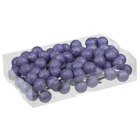 80x Purple glitter mini baubles on wires 3 cm plastic