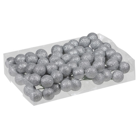 80x Silver glitter mini baubles on wires 3 cm plastic