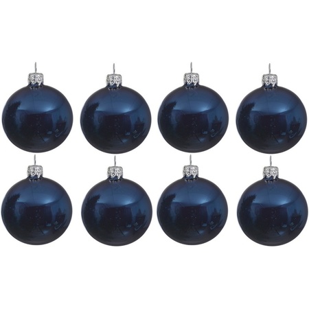 8x Glazen kerstballen glans donkerblauw 10 cm kerstboom versiering/decoratie