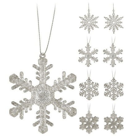 Kersthangers - 8 ST - sneeuwvlokken - zilverkleurig - glitter - 10 cm