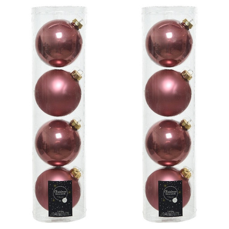 Tubes met 8x oud roze kerstballen van glas 10 cm glans en mat