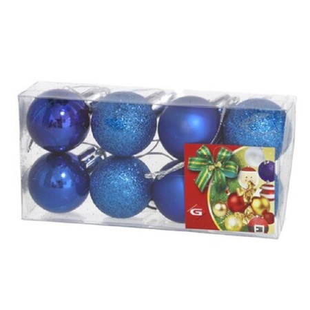 8x stuks kerstballen blauw mix van mat/glans/glitter kunststof 3 cm