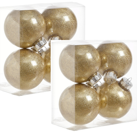 8x pcs plastic christmas baubles with glitter finish gold 8 cm