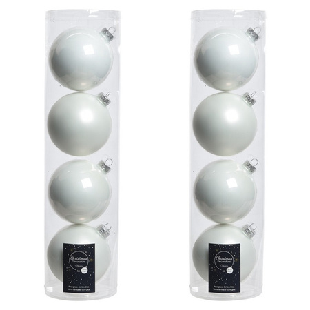 8x Winter white glass Christmas baubles 10 cm shiny and matte