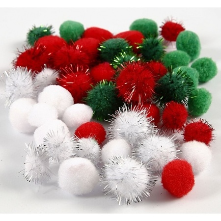 96x Hobby pompons 15-20 mm wit/groen/rood