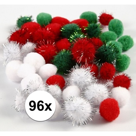 96x Hobby pompons 15-20 mm wit/groen/rood