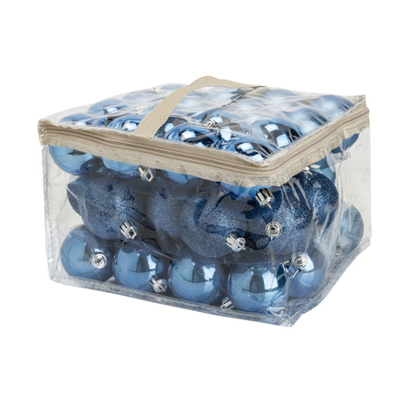 96x stuks kunststof kerstballen blauw 6 cm in opbergtassen/opbergboxen