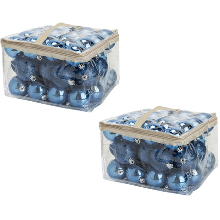 96x stuks kunststof kerstballen blauw 6 cm in opbergtassen/opbergboxen