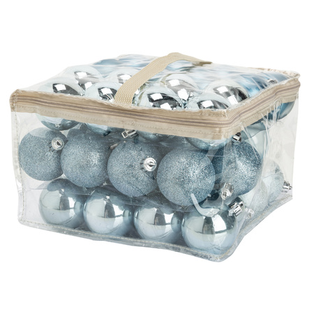 96x stuks kunststof kerstballen ijsblauw 6 cm in opbergtassen/opbergboxen
