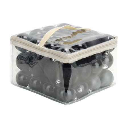 96x stuks kunststof kerstballen zwart 6 cm in opbergtassen/opbergboxen