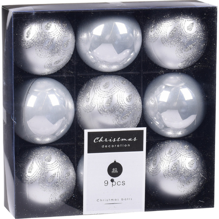 9x Kerstboomversiering luxe kunststof kerstballen zilver 6 cm