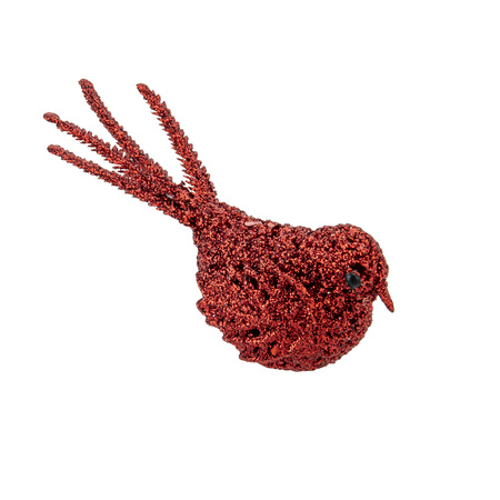 9x stuks decoratie vogels op clip glitter rood 16 cm