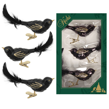 9x pcs luxury glass birds on clip black 11 cm
