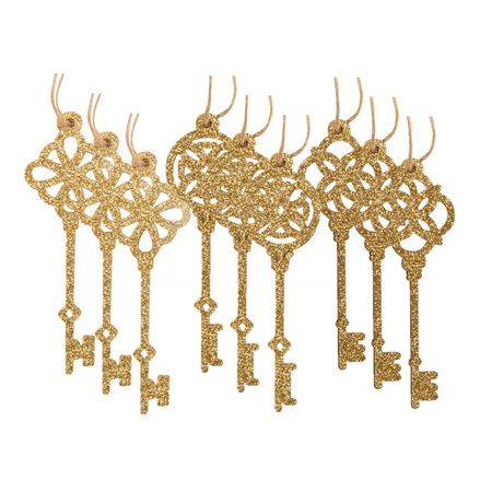 9x pcs keys christmas tree decoration glitter gold wood 10,5 cm