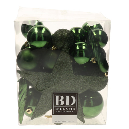 Bellatio Decorations plastic baubles 33x with tree topper dark green