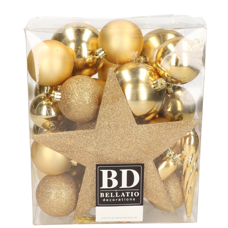 Bellatio Decorations set 33x stuks kunststof kerstballen met ster piek goud