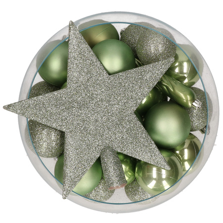 Bellatio Decorations set 33x stuks kunststof kerstballen met ster piek groen