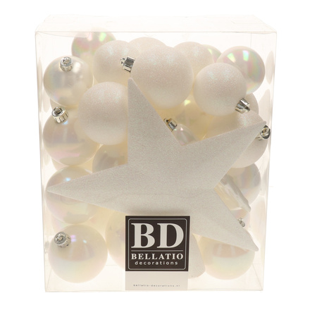 Bellatio Decorations plastic baubles 33x with tree topper white pearl