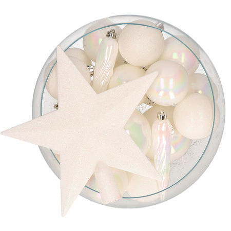 Bellatio Decorations set 33x stuks kunststof kerstballen met ster piek parelmoer wit