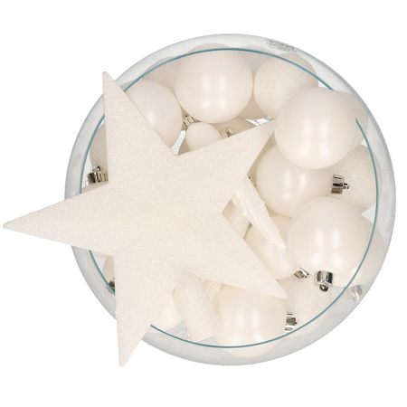 Bellatio Decorations set 33x stuks kunststof kerstballen met ster piek wit