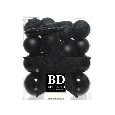 Bellatio Decorations set 33x stuks kunststof kerstballen met ster piek zwart