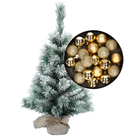 Besneeuwde mini kerstboom/kunst kerstboom 35 cm met kerstballen goud