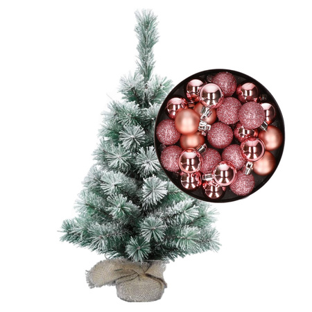 Besneeuwde mini kerstboom/kunst kerstboom 35 cm met kerstballen roze 