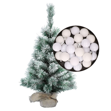 Snowy mini tree 35 cm with plastic baubles white