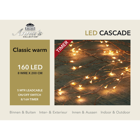 Cascade draadverlichting lichtsnoer met 160 lampjes classic warm wit met 8 lichtdraden