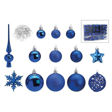 Blauwe kunststof kerstballen 3/4/6 cm en kerstversiering set 111-delig