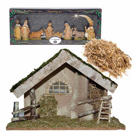 Complete nativity scene set 42 x 19 x 30 cm with crib statues and decoration straw