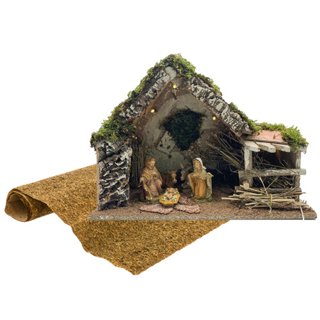 Wood nativity scene including Joseph, Mary and Jesus statues and background