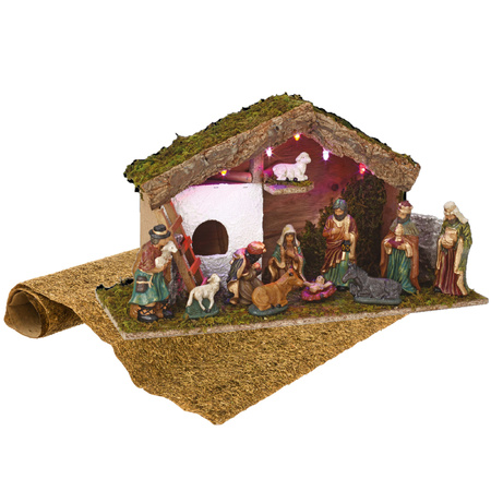 Wood nativity scene including statues and light including background