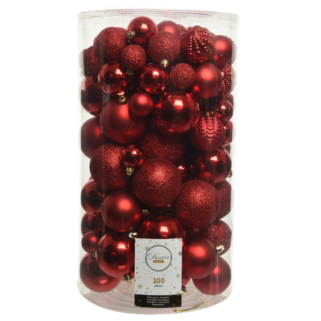 Decoris 100x stuks kunststof kerstballen rood 4, 5, 6, 7 en 8 cm