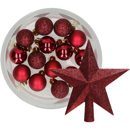 Decoris 14x stuks kerstballen 3 cm met ster piek bordeaux rood kunststof