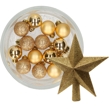 Decoris 14x stuks kerstballen 3 cm met ster piek goud kunststof